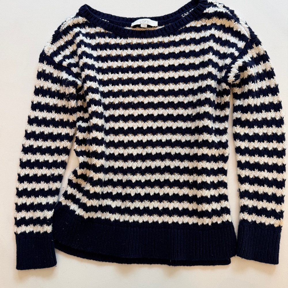 LOFT Navy and Cream Striped Crewneck Sweater